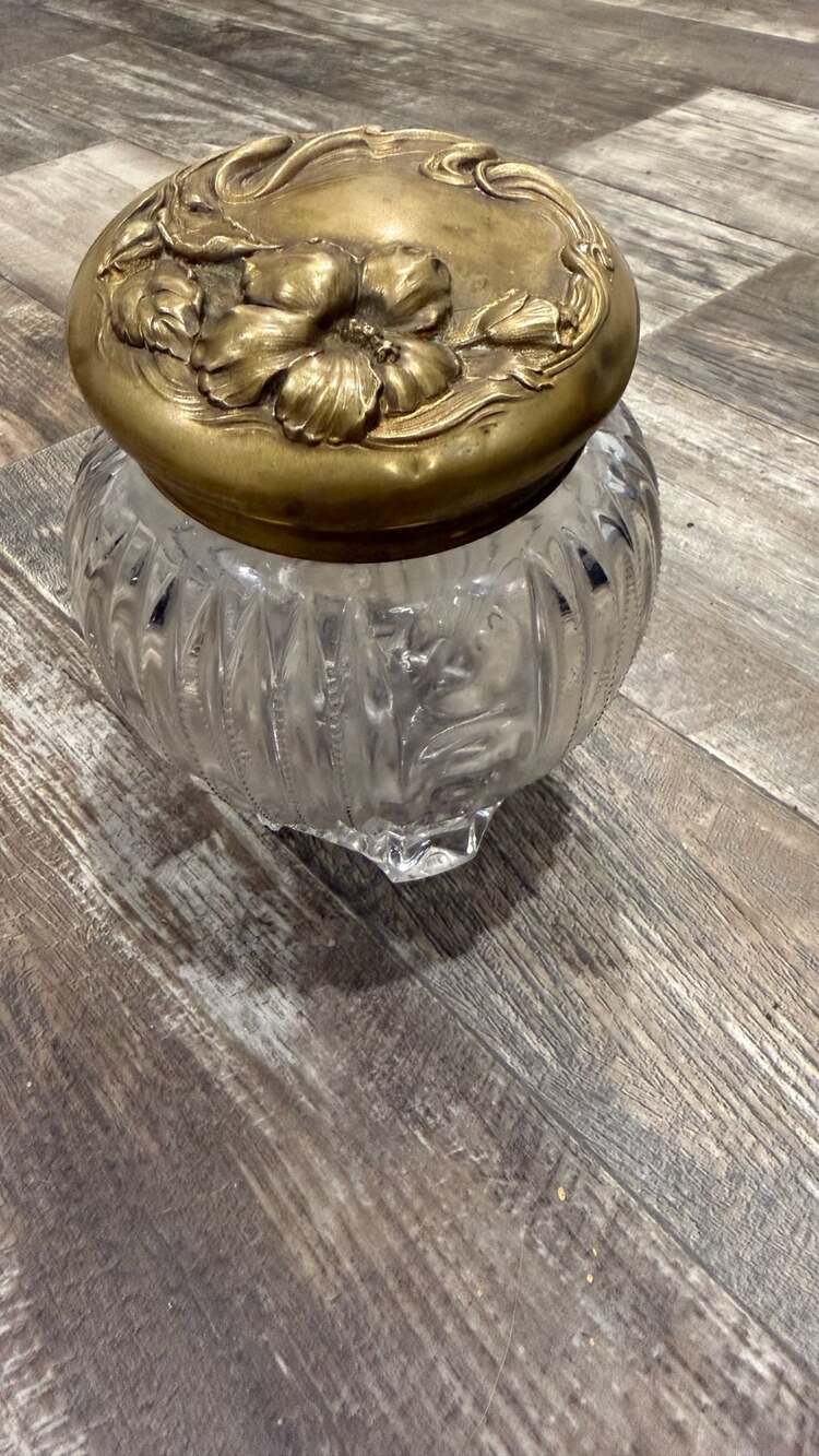 Art Nouveau Cut Glass Dresser Jar with Brass Floral Lid